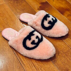 Gucci Interlocking G Faux Fur Slippers in Pink Size 41 US 11